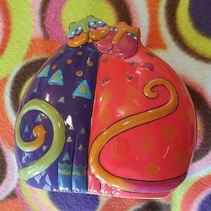 Laurel Burch Vintage Colorful Cat Ceramic Art in Purple Orange Green Circa 1990s
